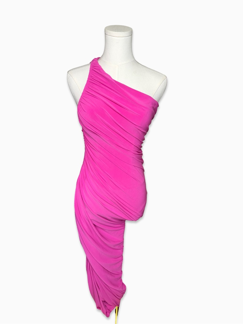 Norma Kamali XS One-Shoulder Hot Pink Ruched Midi Dress